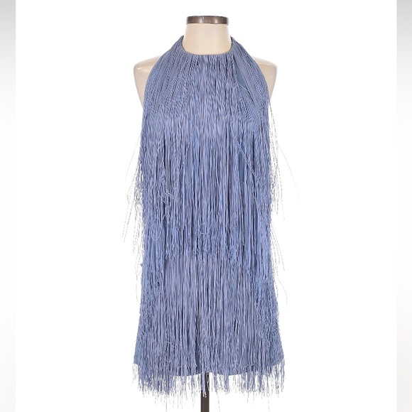 ZARA Blue Fringe Halter Mini Dress NWT - Picture 9 of 15